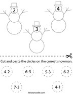 Subtraction- Cut and paste the circles on the correct snowman Math Worksheet