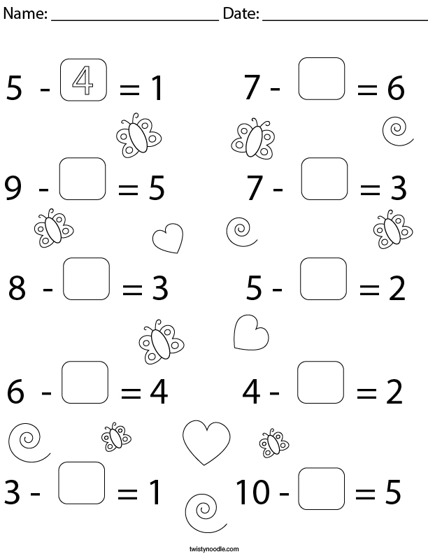 subtraction equations fill in the missing numbers math worksheet twisty noodle