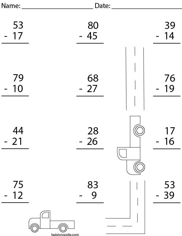 Subtraction on the Road Math Worksheet