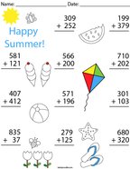 Summer 3 Digit Addition Math Worksheet