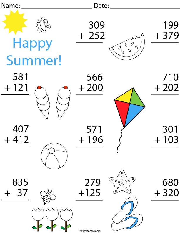 Summer 3 Digit Addition Math Worksheet