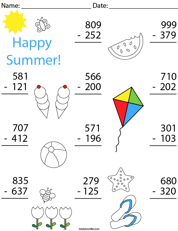 Summer 3 Digit Subtraction Math Worksheet