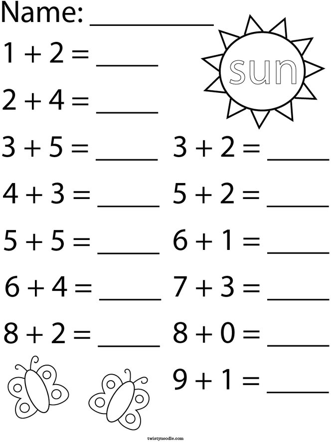 Sunny Day Addition Math Worksheet
