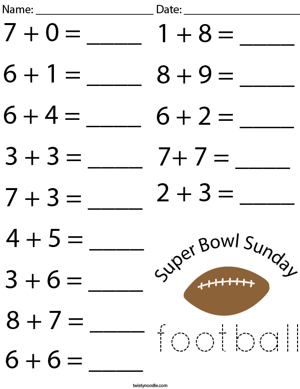 Super Bowl Sunday Addition Math Worksheet