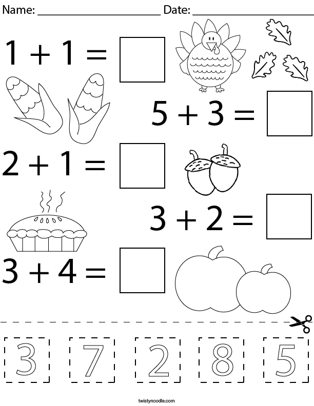 Thanksgiving Cut and Paste Addition Math Worksheet