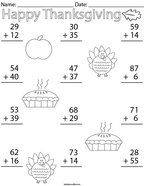 Thanksgiving Double Digit Addition Math Worksheet