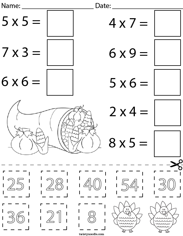 Thanksgiving Multiplication Cut and Paste Math Worksheet