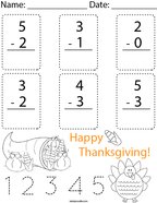 Thanksgiving Subtract within 5 Math Worksheet