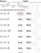 True or False Addition Equations Math Worksheet