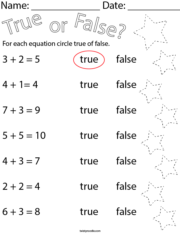 true or false addition equations math worksheet twisty noodle