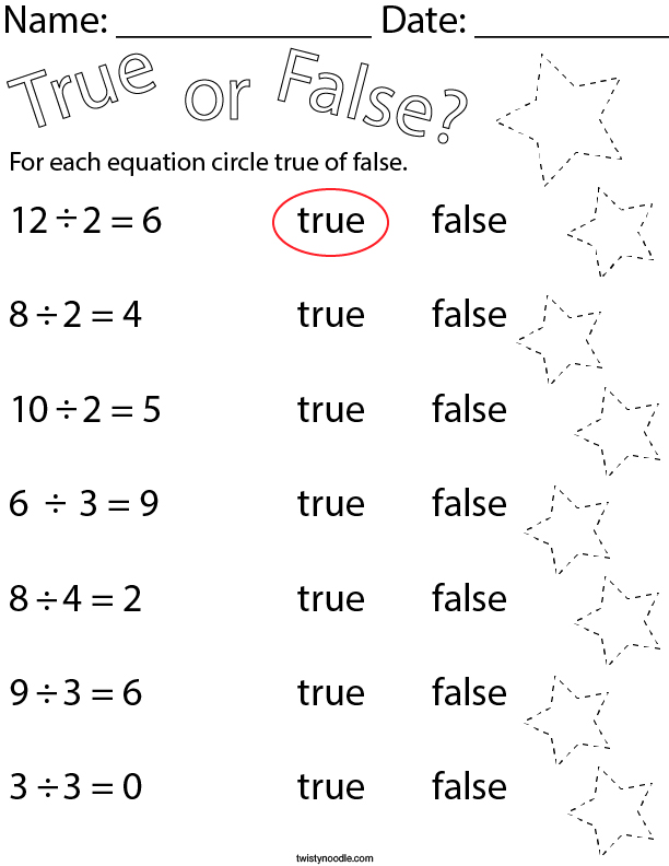 True or False Division Equations Math Worksheet