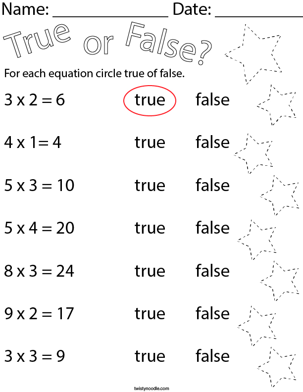 True or False Multiplication Equations Math Worksheet