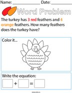 Turkey Addition Word Problem Math Worksheet