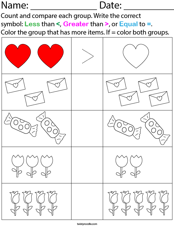 Valentine's Day Count and Compare Math Worksheet
