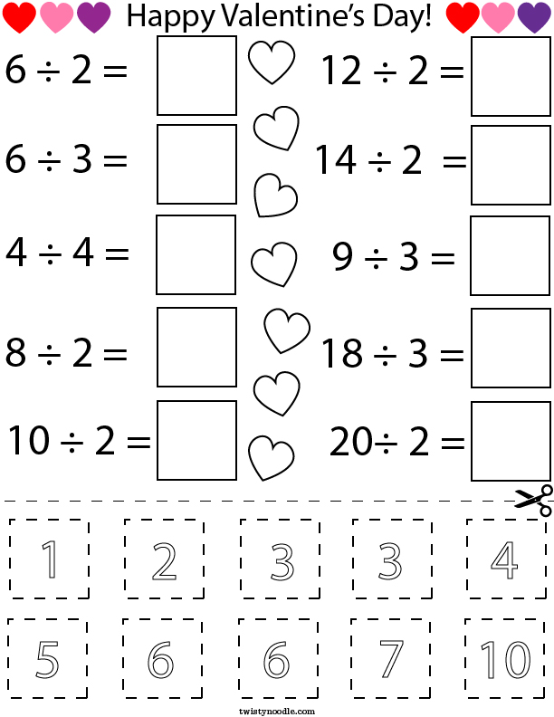 valentine s day division cut and paste math worksheet twisty noodle