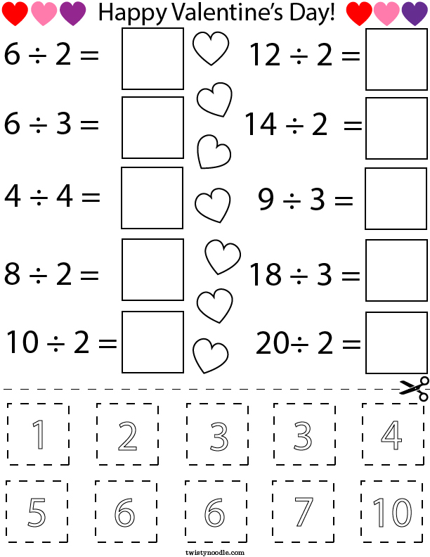 Valentine's Day Division Cut and Paste Math Worksheet