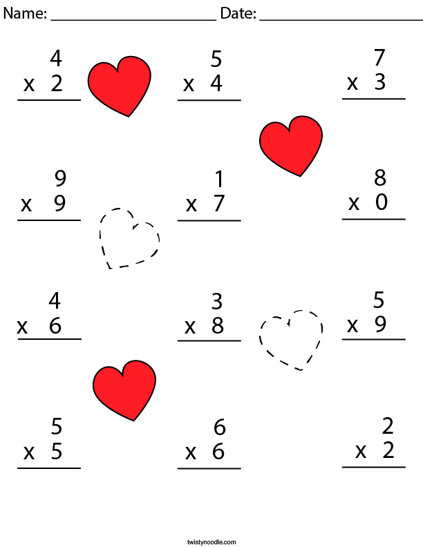 Valentine's Day Multiplication Practice- 1 Digit Math Worksheet