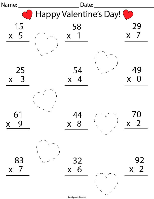 valentine s day multiplication practice 2 digit by 1 digit math worksheet twisty noodle