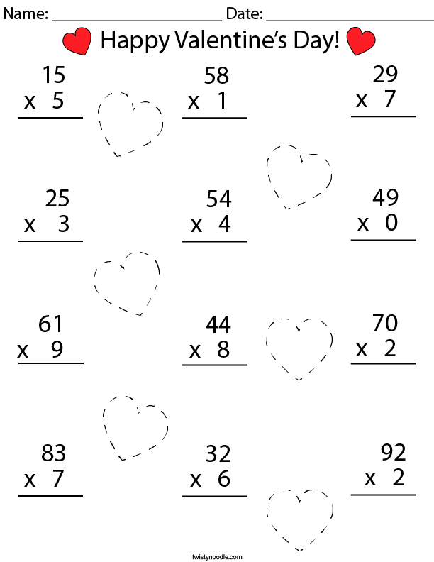 Valentine's Day Multiplication Practice- 2 Digit by 1 Digit Math Worksheet