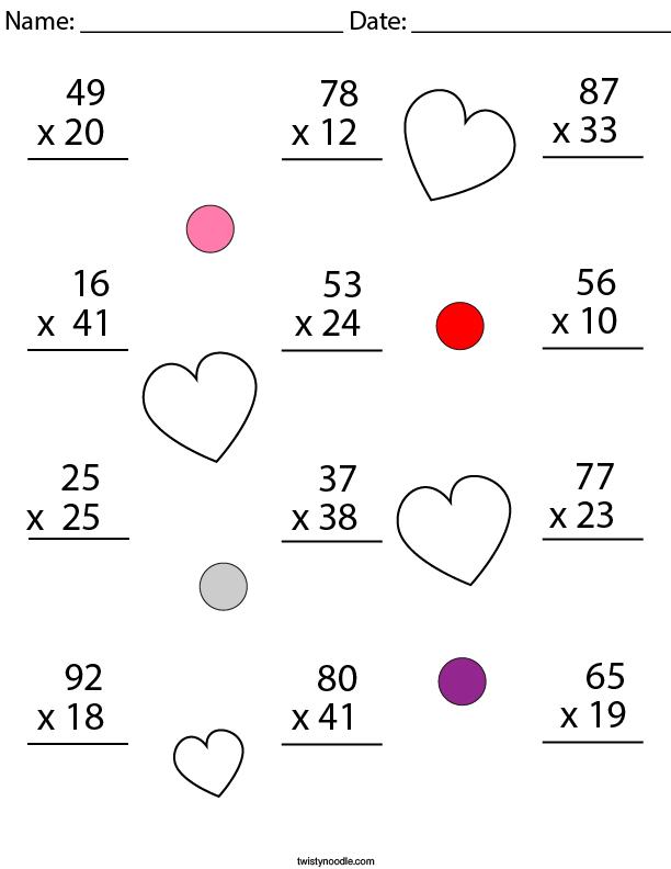 Valentine's Day Multiplication Practice- 2 Digit by 2 Digit Math Worksheet