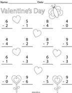 Valentine's Day Single Digit Subtraction Math Worksheet