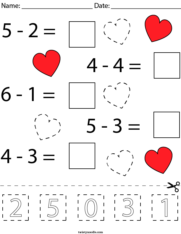 valentine s day subtraction cut and paste math worksheet twisty noodle