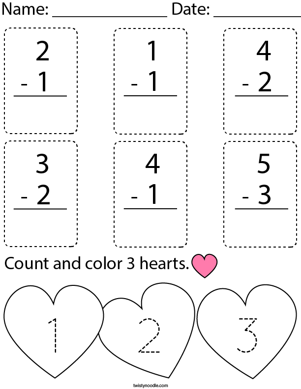 Valentine's Day Subtraction Math Worksheet