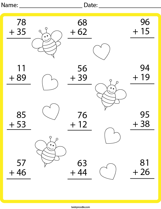 vertical addition practice math worksheet twisty noodle