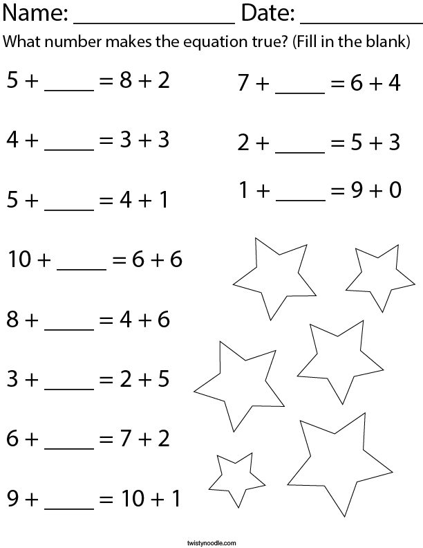 What number makes the equation true? (addition) Math Worksheet