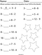 What number makes the equation true (subtraction) Math Worksheet