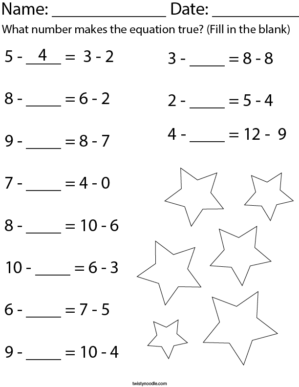 What number makes the equation true? (subtraction) Math Worksheet