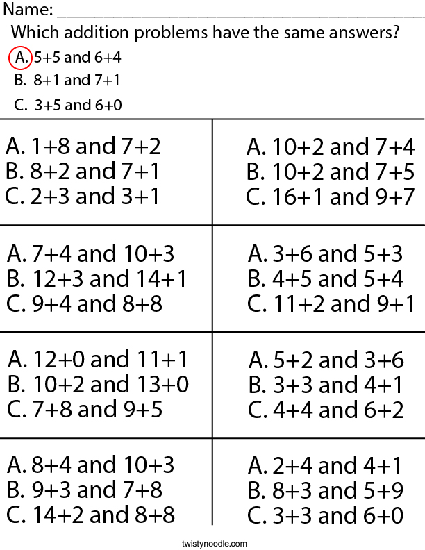 Which addition problems have the same answers? Math Worksheet