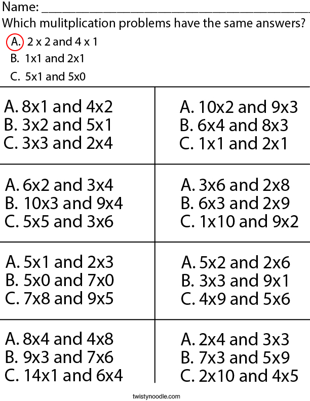 Which multiplication problems have the same answers? Math Worksheet