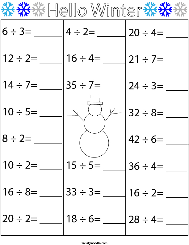 winter division math worksheet twisty noodle