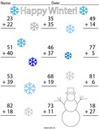 Winter Double Digit Addition Math Worksheet