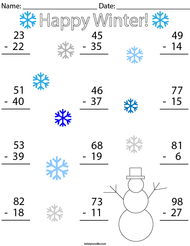 winter double digit subtraction math worksheet twisty noodle