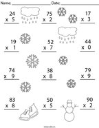 Winter Multiplication Practice 2 Digit by 1 Digit Math Worksheet