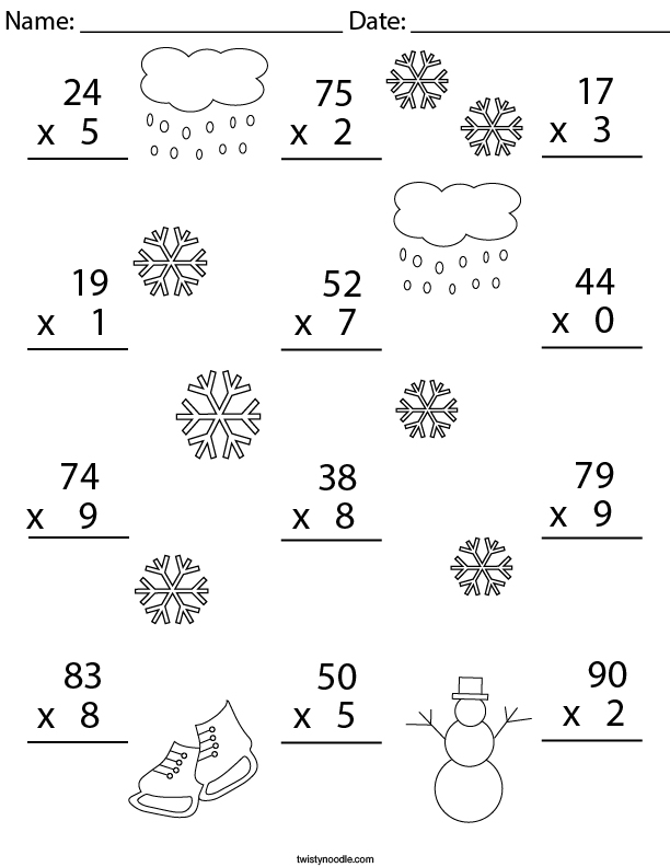 Winter Multiplication Practice 2 Digit by 1 Digit Math Worksheet ...