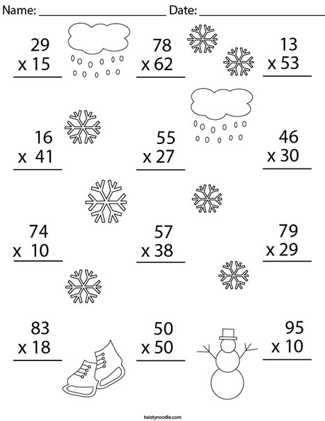 winter multiplication practice 2 digit by 2 digit math worksheet twisty noodle