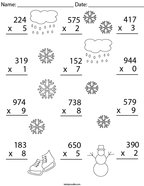 Winter Multiplication Practice 3 Digit by 1 Digit Math Worksheet