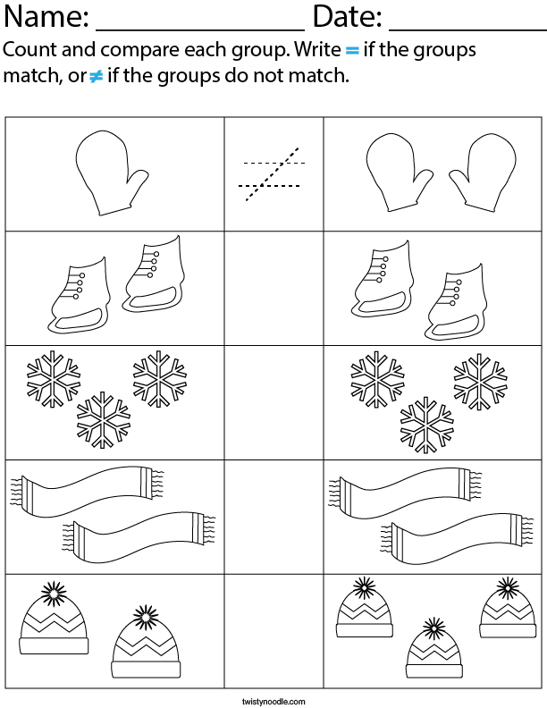 Winter objects equal or not equal Math Worksheet