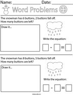 Winter Subtraction Word Probles Math Worksheet