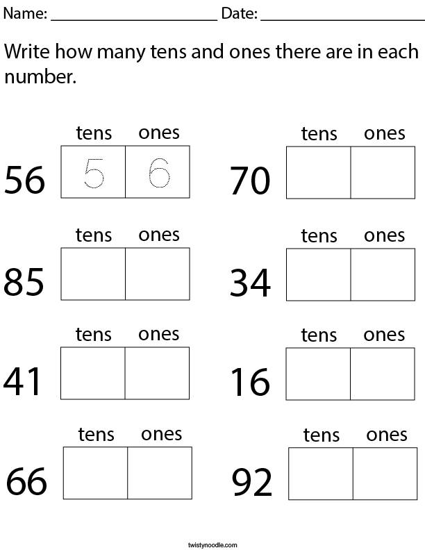 write how many tens and ones are in each number math worksheet twisty noodle