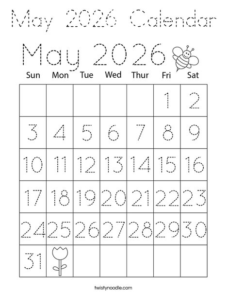 May 2026 Calendar Coloring Page
