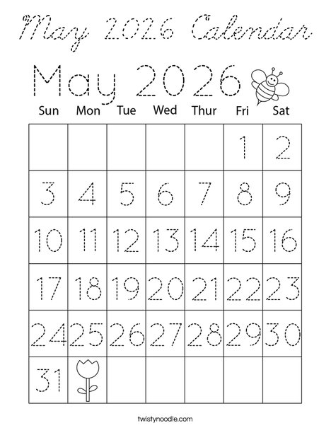 May 2026 Calendar Coloring Page