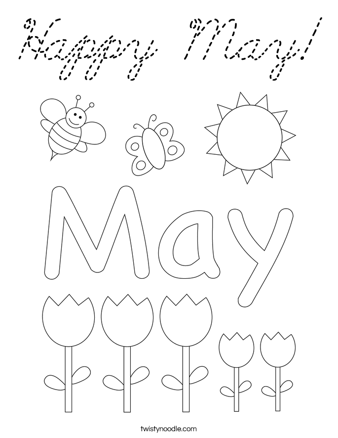 Happy May Coloring Page - Cursive - Twisty Noodle