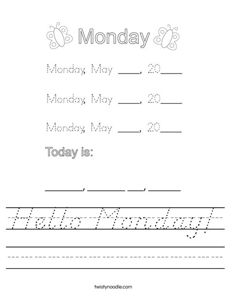 Hello Monday Worksheet - D'Nealian - Twisty Noodle