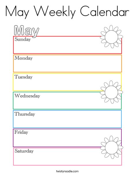 May Weekly Calendar Coloring Page