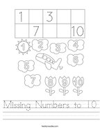 Missing Numbers to 10 Handwriting Sheet
