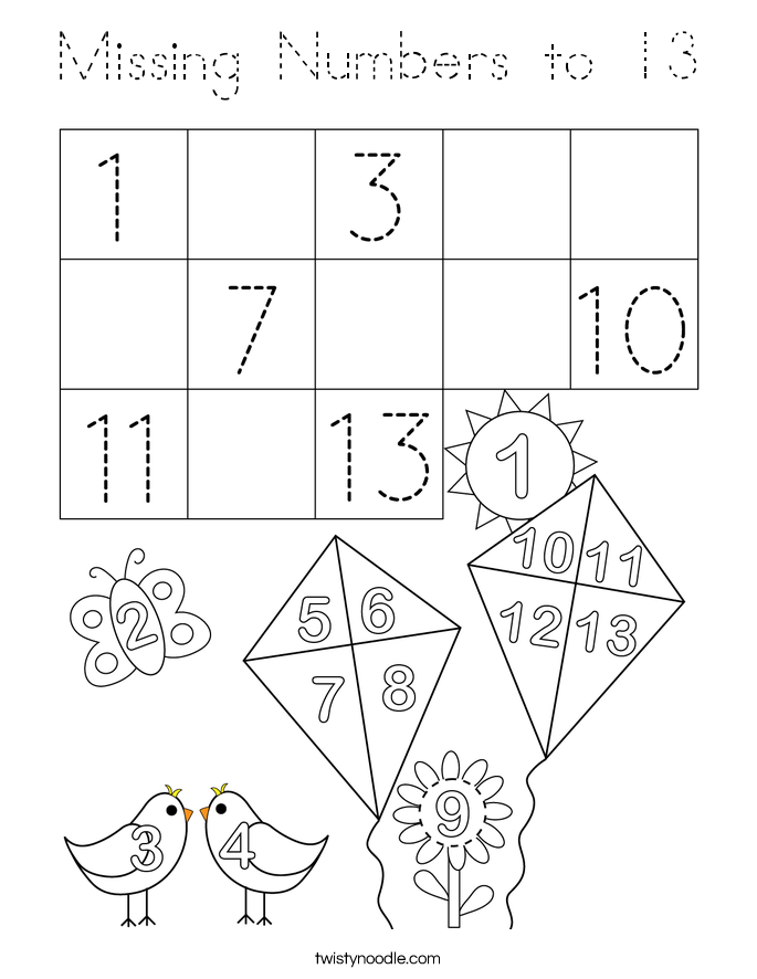 Missing Numbers to 13 Coloring Page